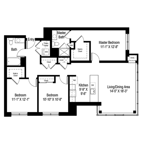 Floor plan for 3 beds, 2 baths, 1405 sqft